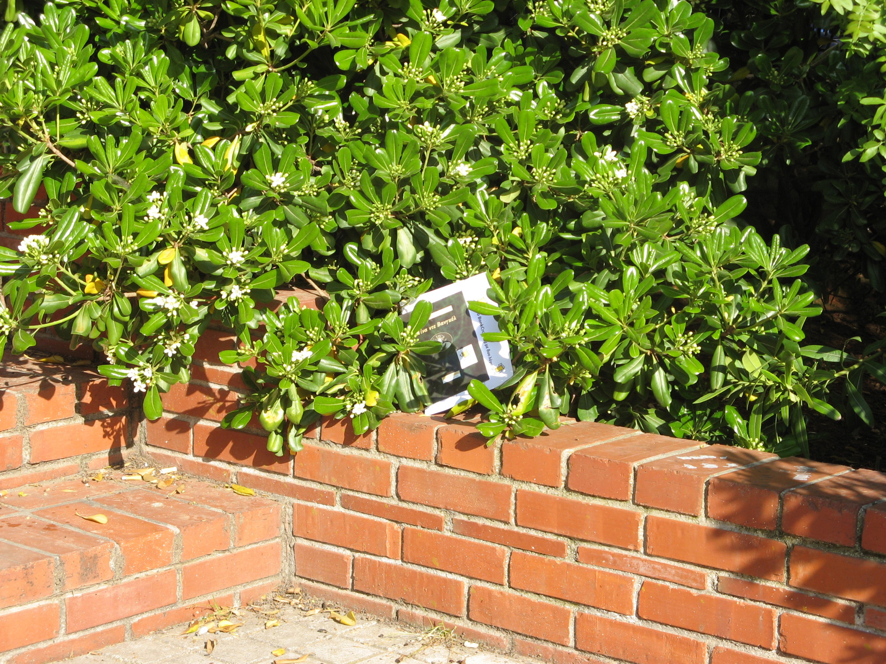 a white sign placed between some brick structures