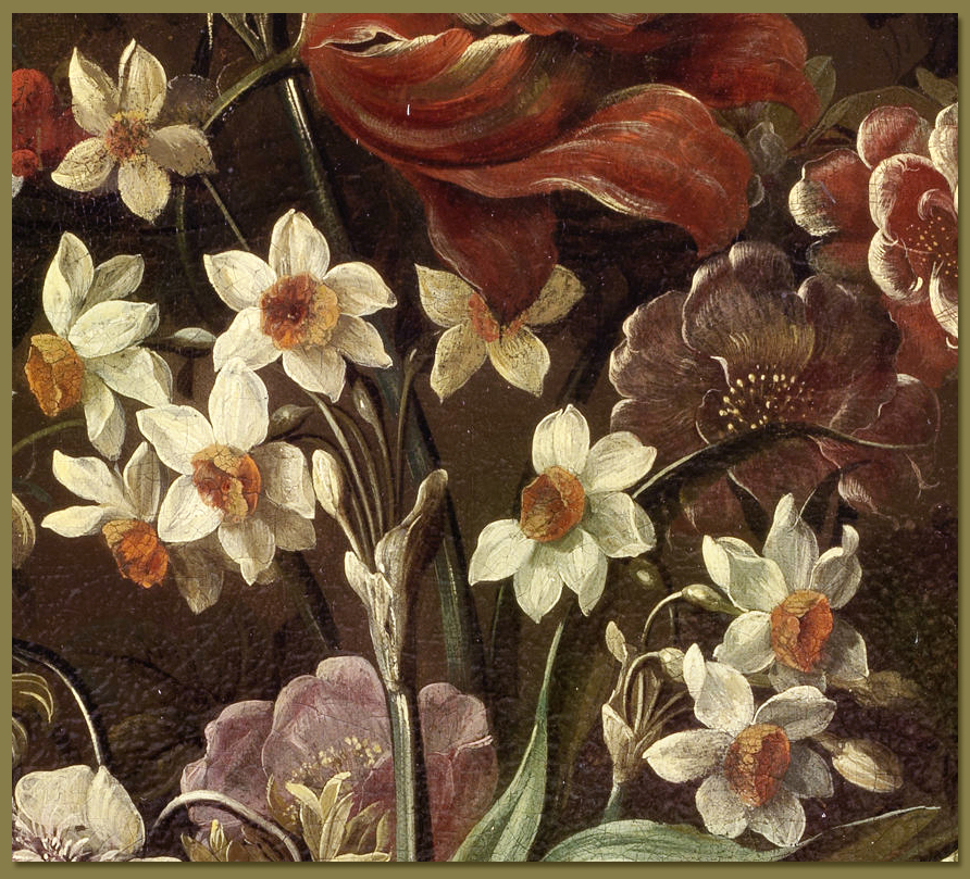 the painting is of various flowers and birds