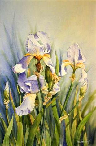 purple iris painting on a green background