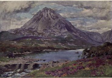 an old painting depicting the mountain with flowers and water