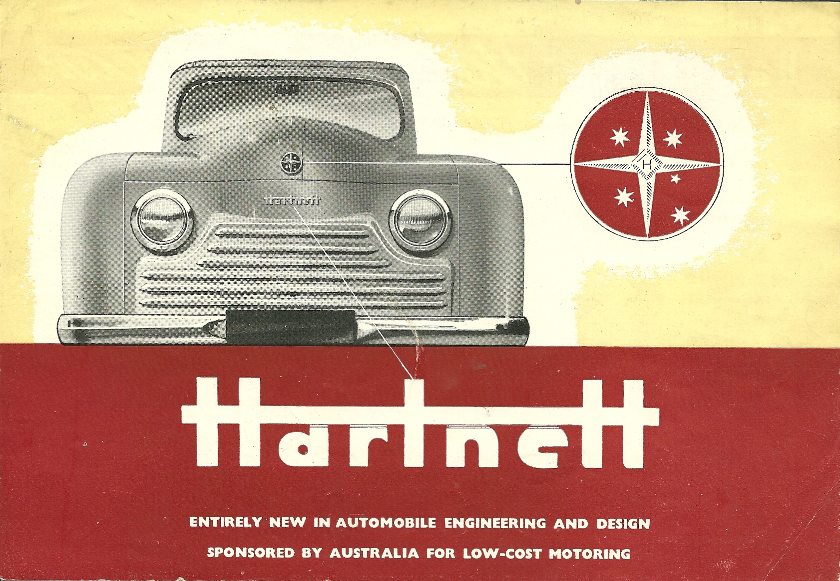 an old advert from a truck manufacturer shows a po of a car in white on a red background