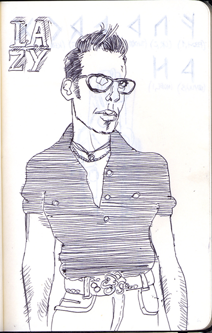 a drawing of a man wearing glasses and a striped shirt