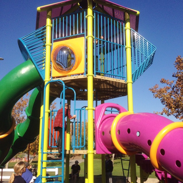 an outdoor play structure for children with slide