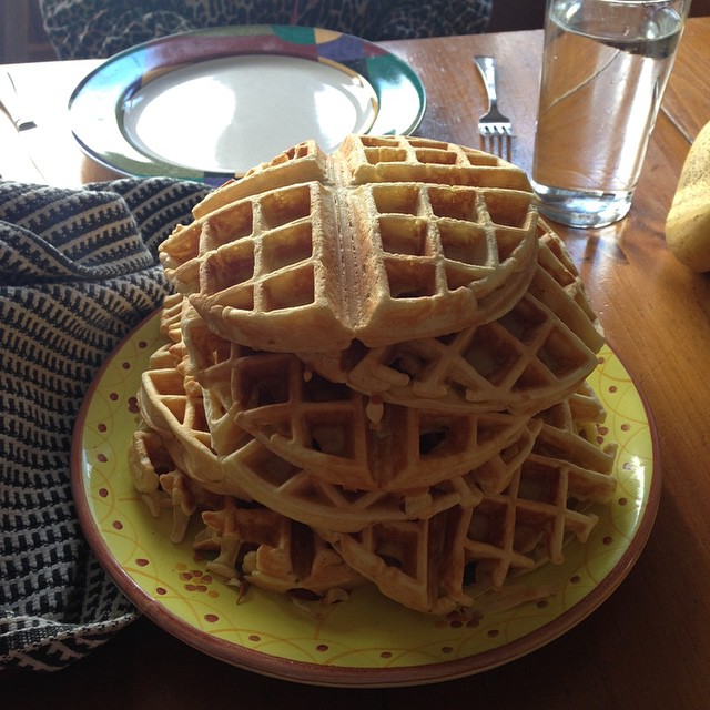 the plate is stacked on top of the waffles