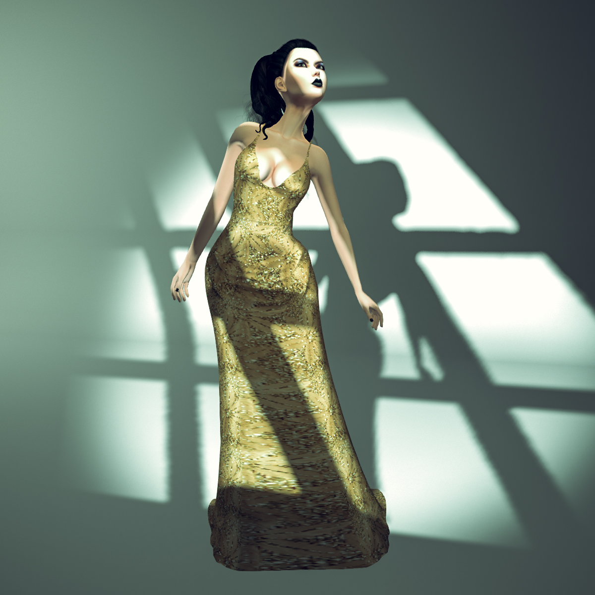 an animated rendering of a woman in a golden gown