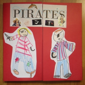 two paper cutouts depicting pirate's on red background