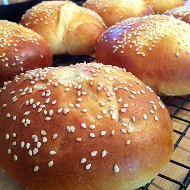 several sesame buns cooling on a wire rack