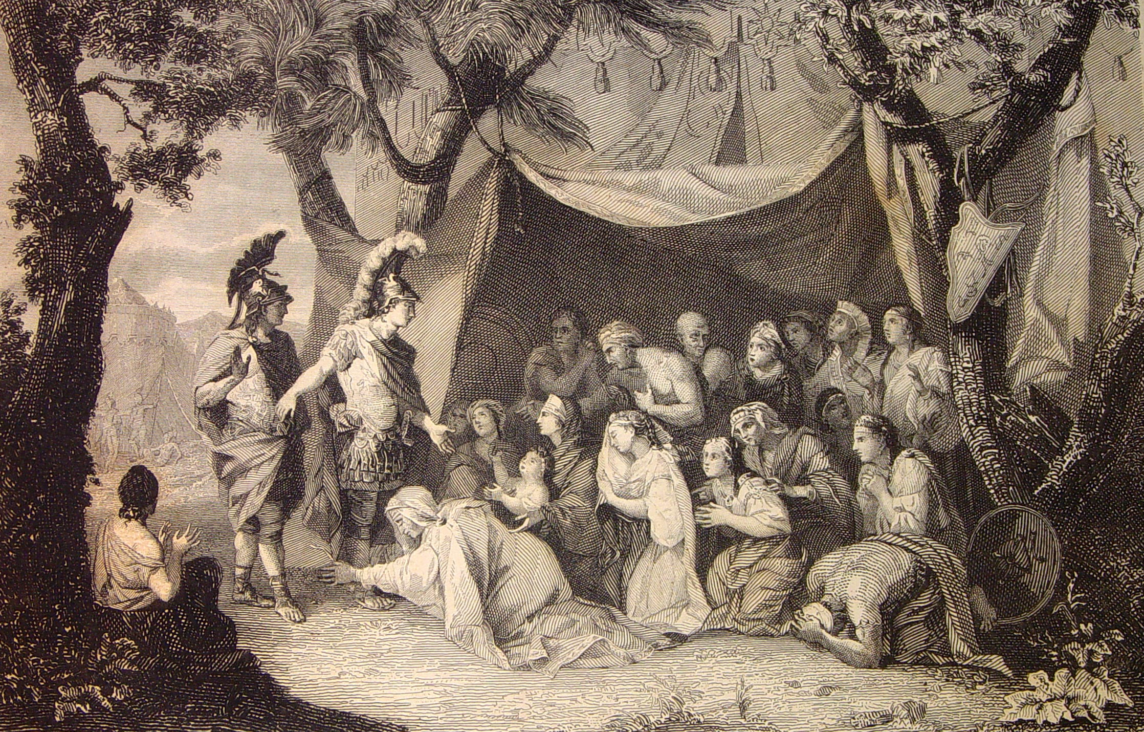 an illustration shows people, dogs and a man sitting on the ground in front of a tent