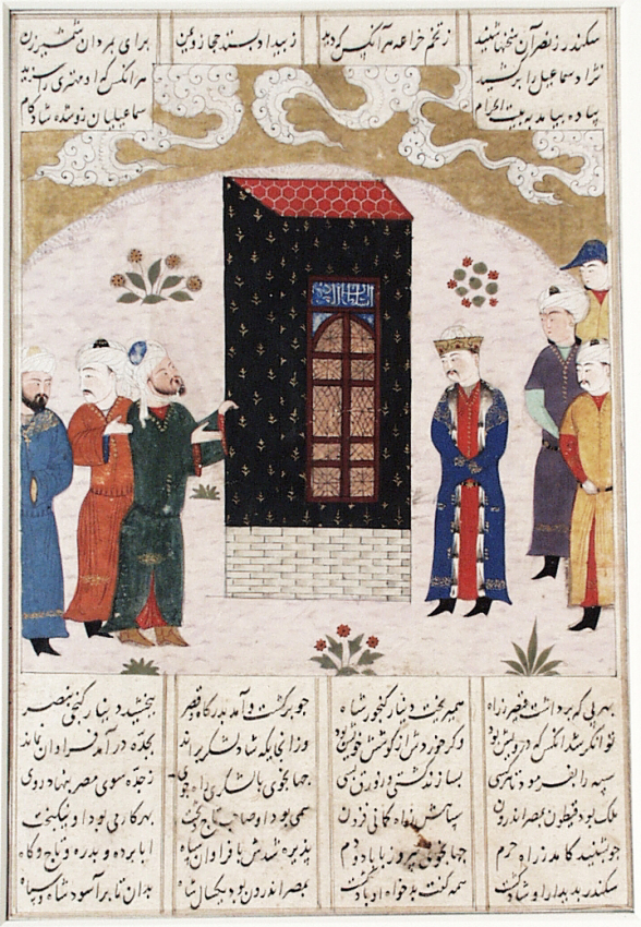 a drawing of a persian court scene shows men in traditional clothes, holding the reigns of sworded man