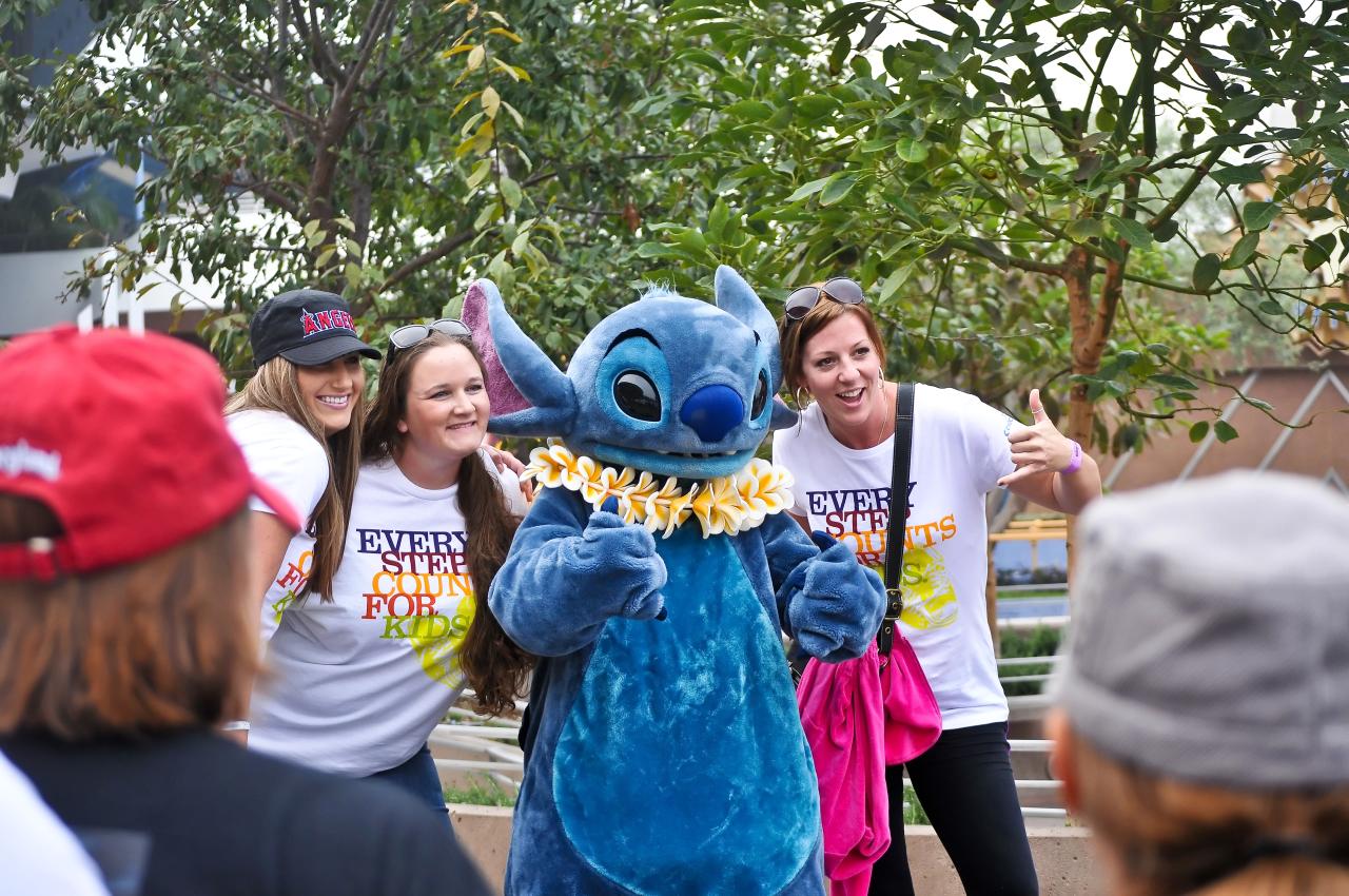 two women in disney outfits smile at a mascot