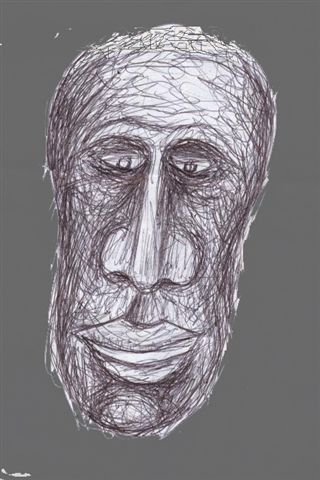 a drawing of a man's face on a black and white paper background