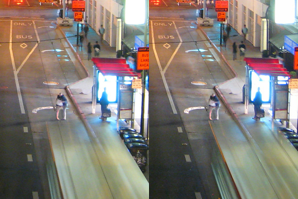 two view from above of an empty street and an overhead train platform