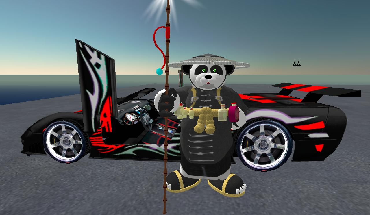 a cartoon panda bear in a costume sits in front of a car with a flag attached to it
