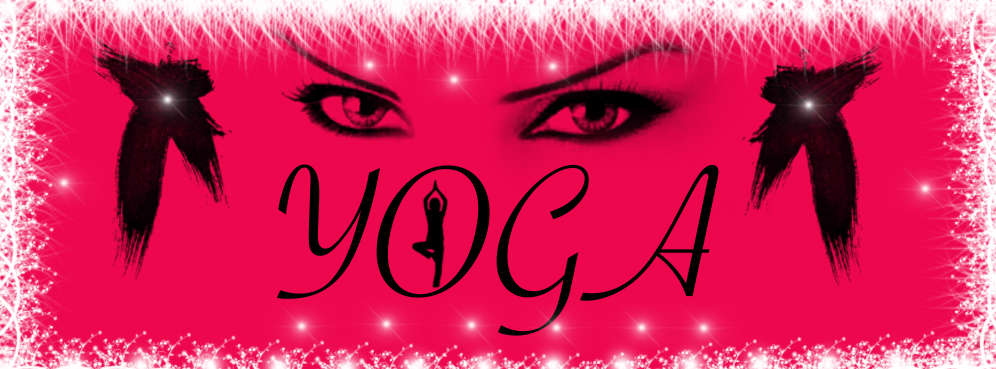 the words yoga in black are shown against a red background