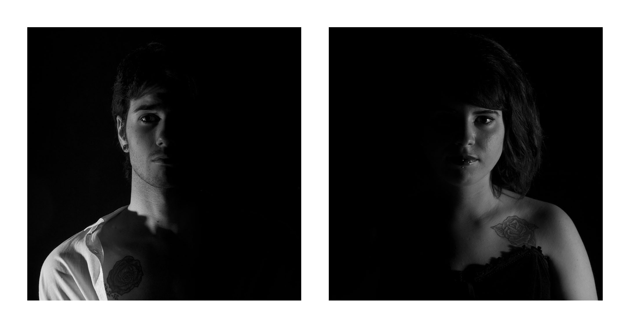 two images of the same woman staring at each other