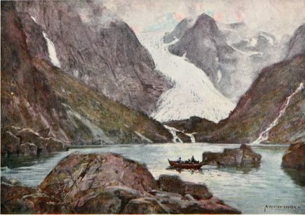 a painting shows two men on boats in a river