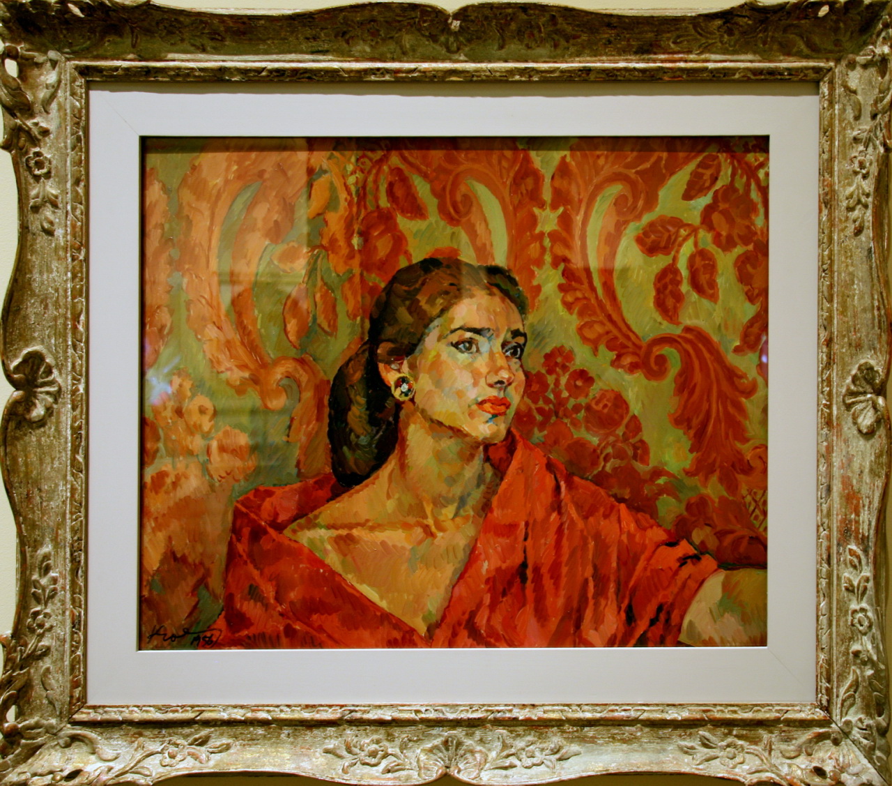 painting of woman in red dress posing with wallpaper
