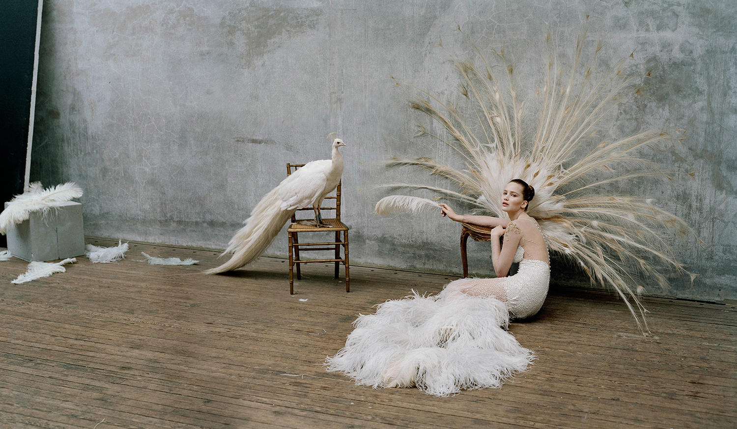 an image of a peacock girl sitting in front of a big bird