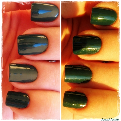 the green and black nail is next to each other