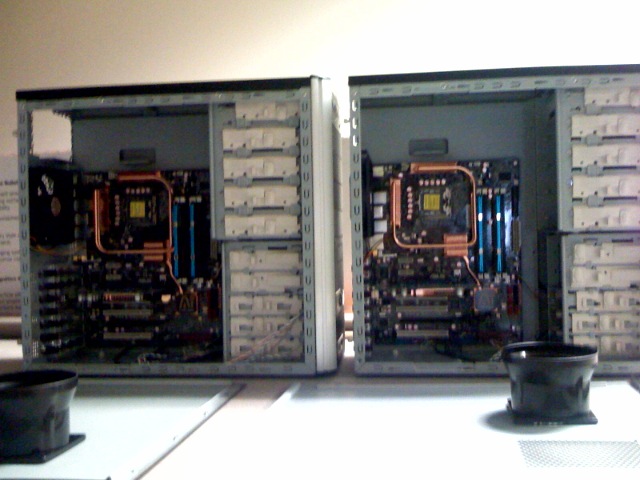 two racks with computers attached to each of them