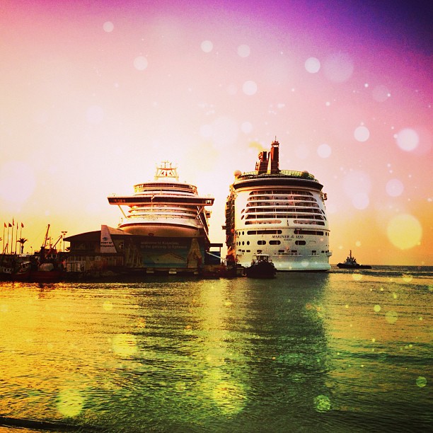 two cruise ships docked in a body of water