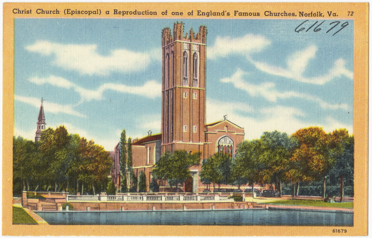 a postcard showing an image of a tower with windows and trees