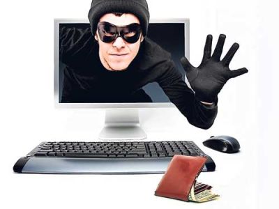 a computer with a black mask is featured on it