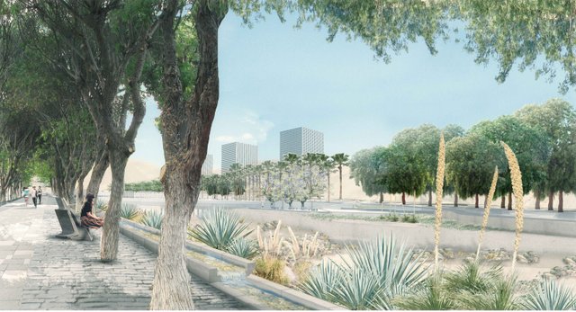 rendering of park benches and trees along a city street