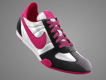 a black and white shoe with a pink nike logo
