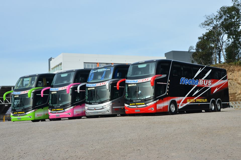 a row of colorful buses lined up in the parking lot