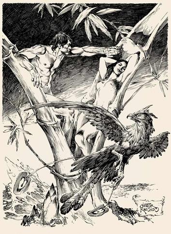 a drawing of two men fighting over a tree trunk