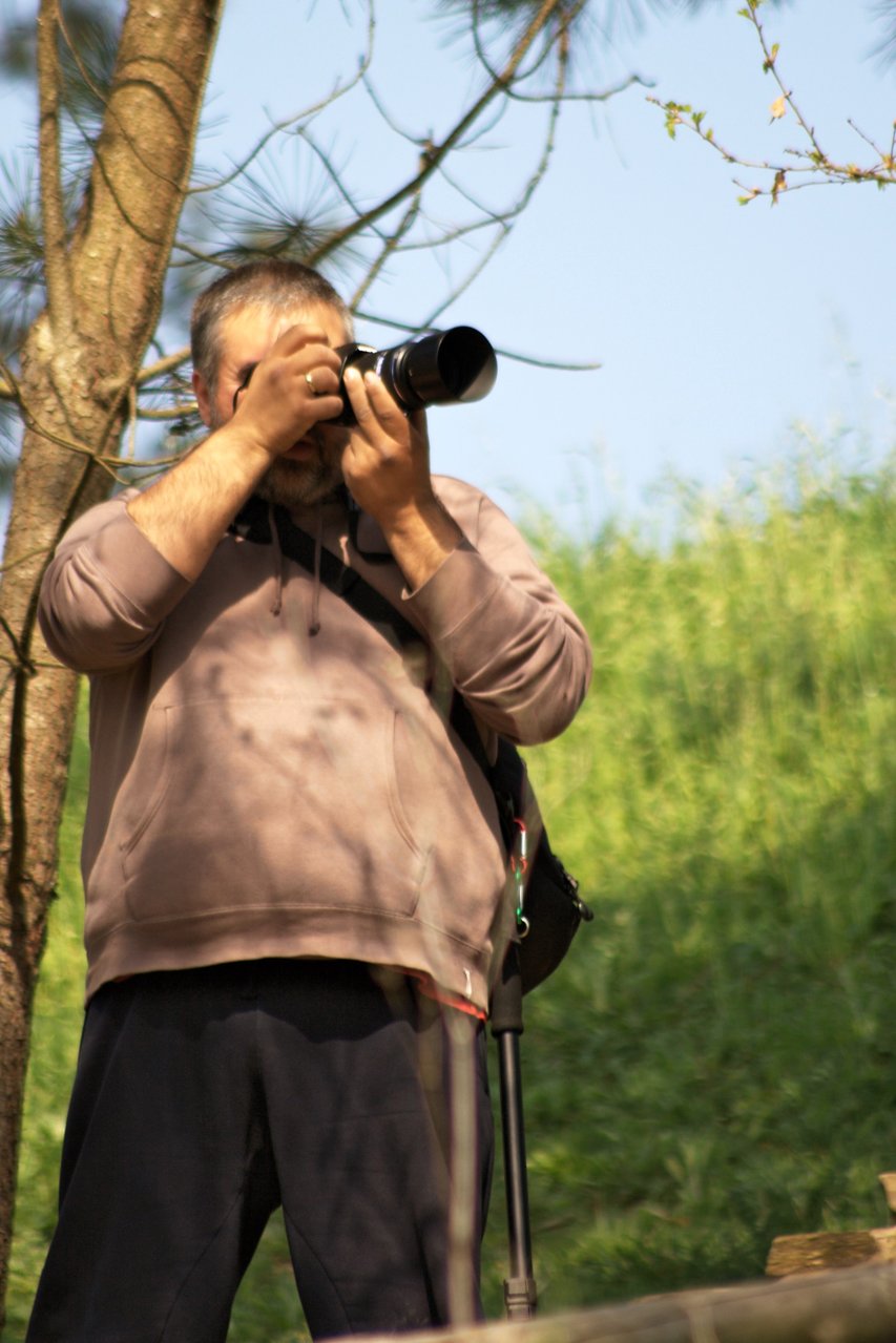 a man is standing near a tree taking a picture with his camera