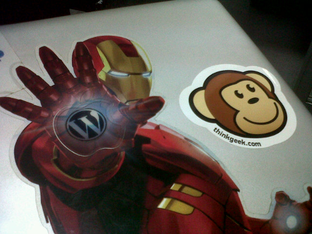 a closeup of an iron man with the wordpress sticker on it