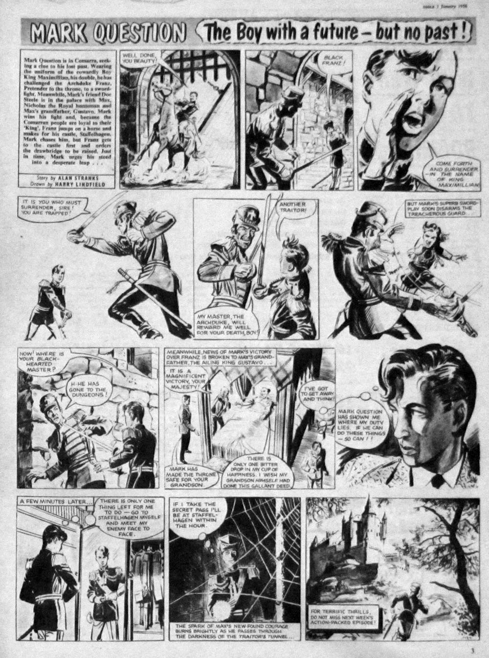 an old book page shows several comics, one depicting a man being stabbed by a woman