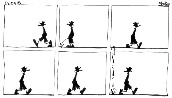 a black and white comic strip with a man walking