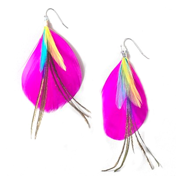 pair of earrings with colorful feathers on a white background