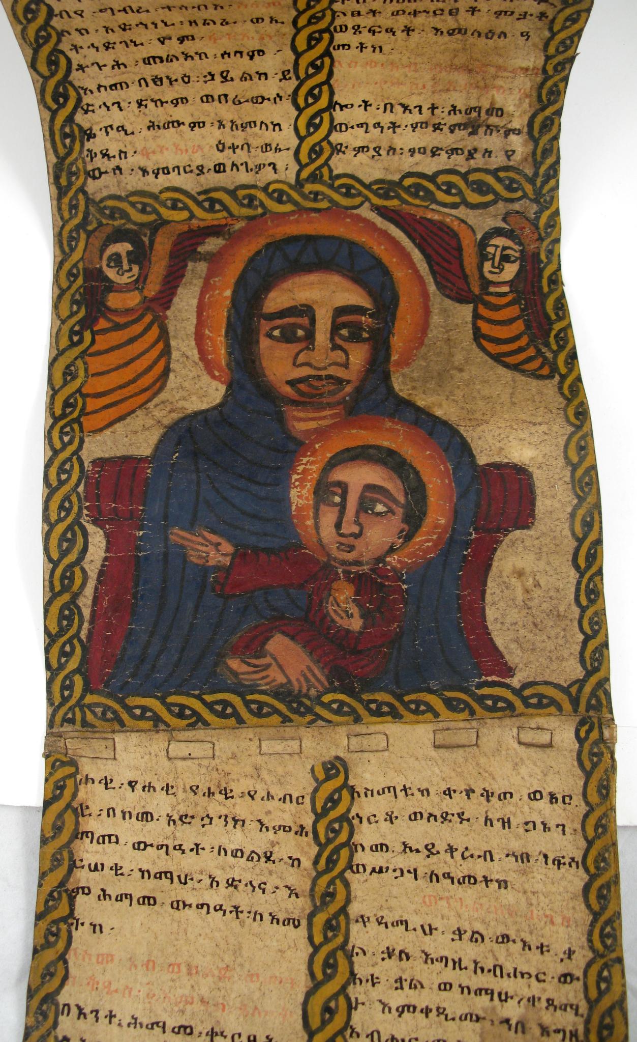 a painting of jesus with a child on a scroll