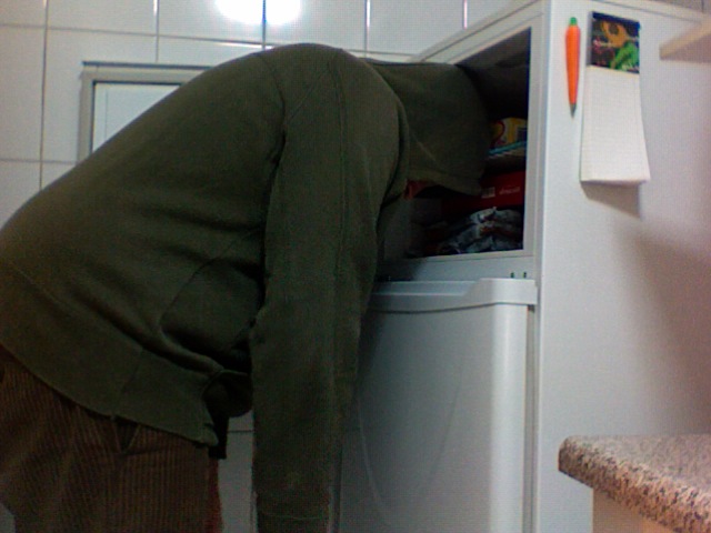 an overweight person reaching in to an open refrigerator