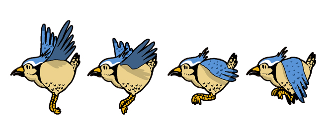 a line drawing of five different birds, one blue and the other brown