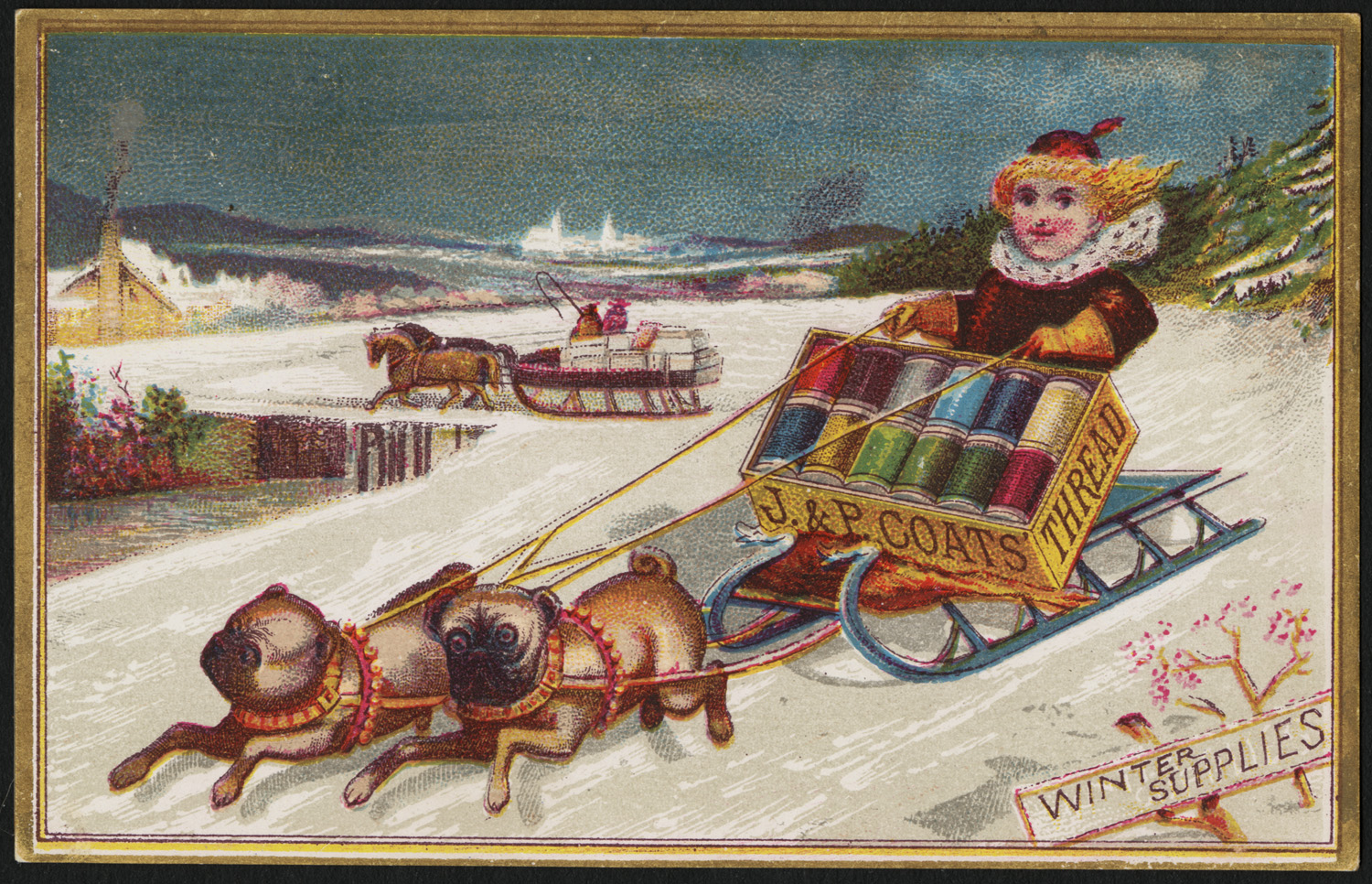 a postcard shows a woman in her sled