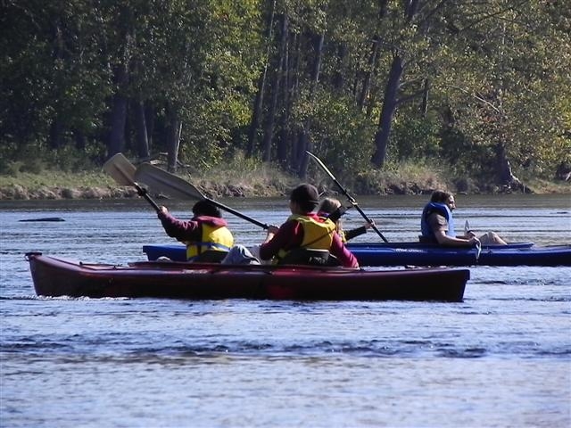 three people paddling on the water in their kayaks