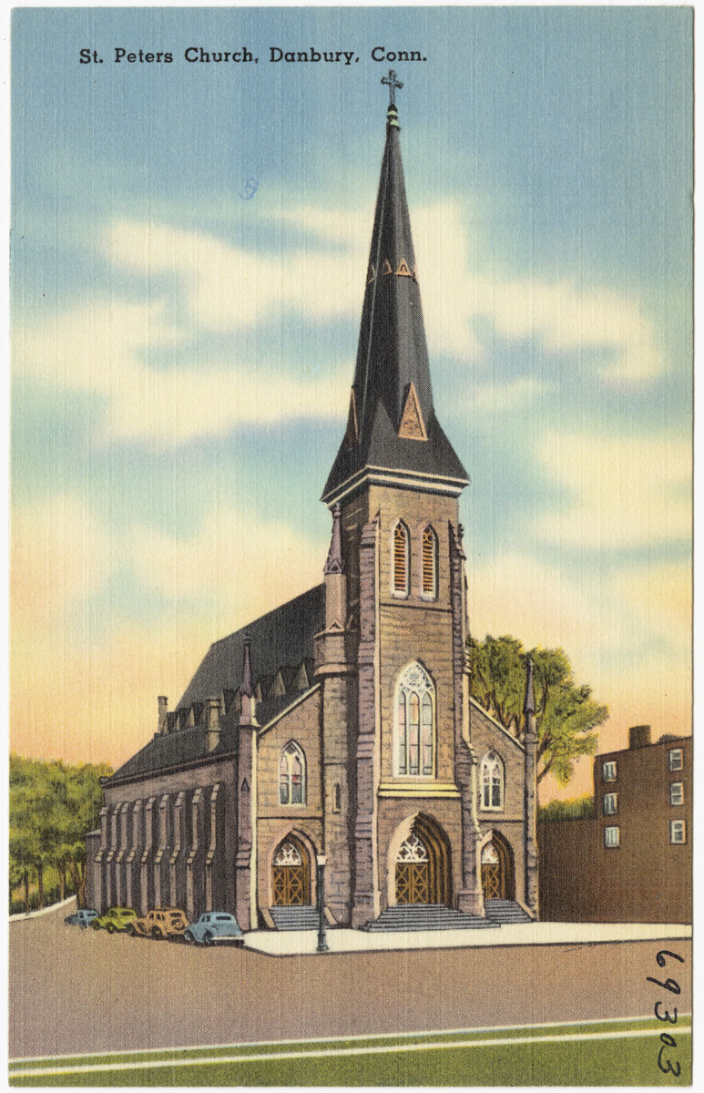 a colored image shows an old church with a steeple