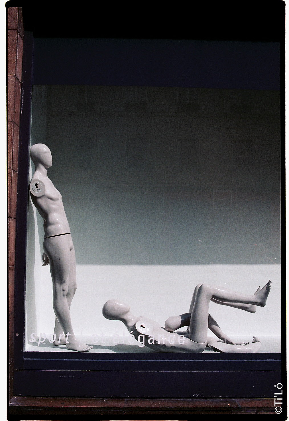 a sculpture displayed with body in window display