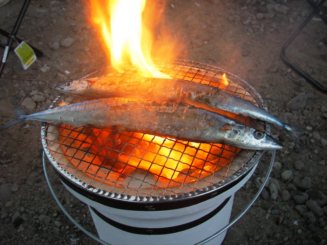 two pieces of fish on fire cooking on the same  plate