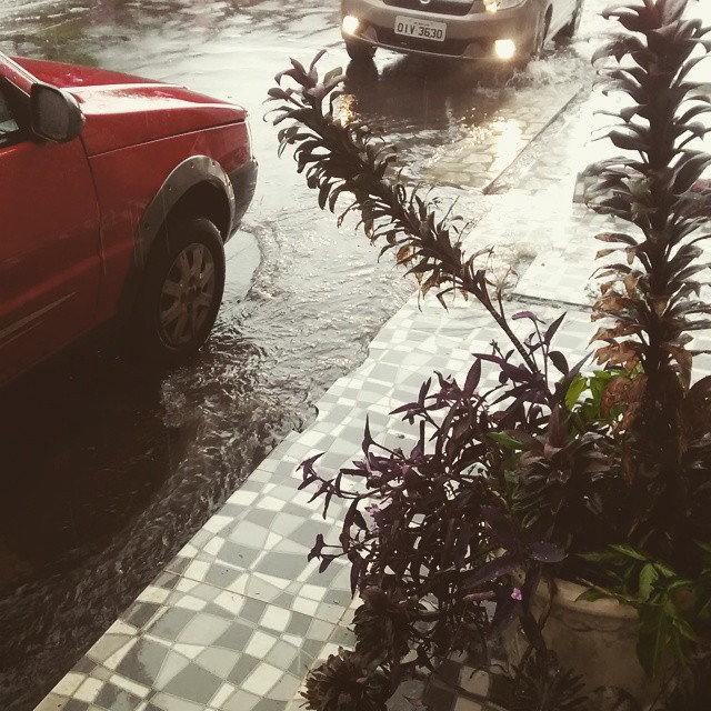 two cars are driving through some water in a city