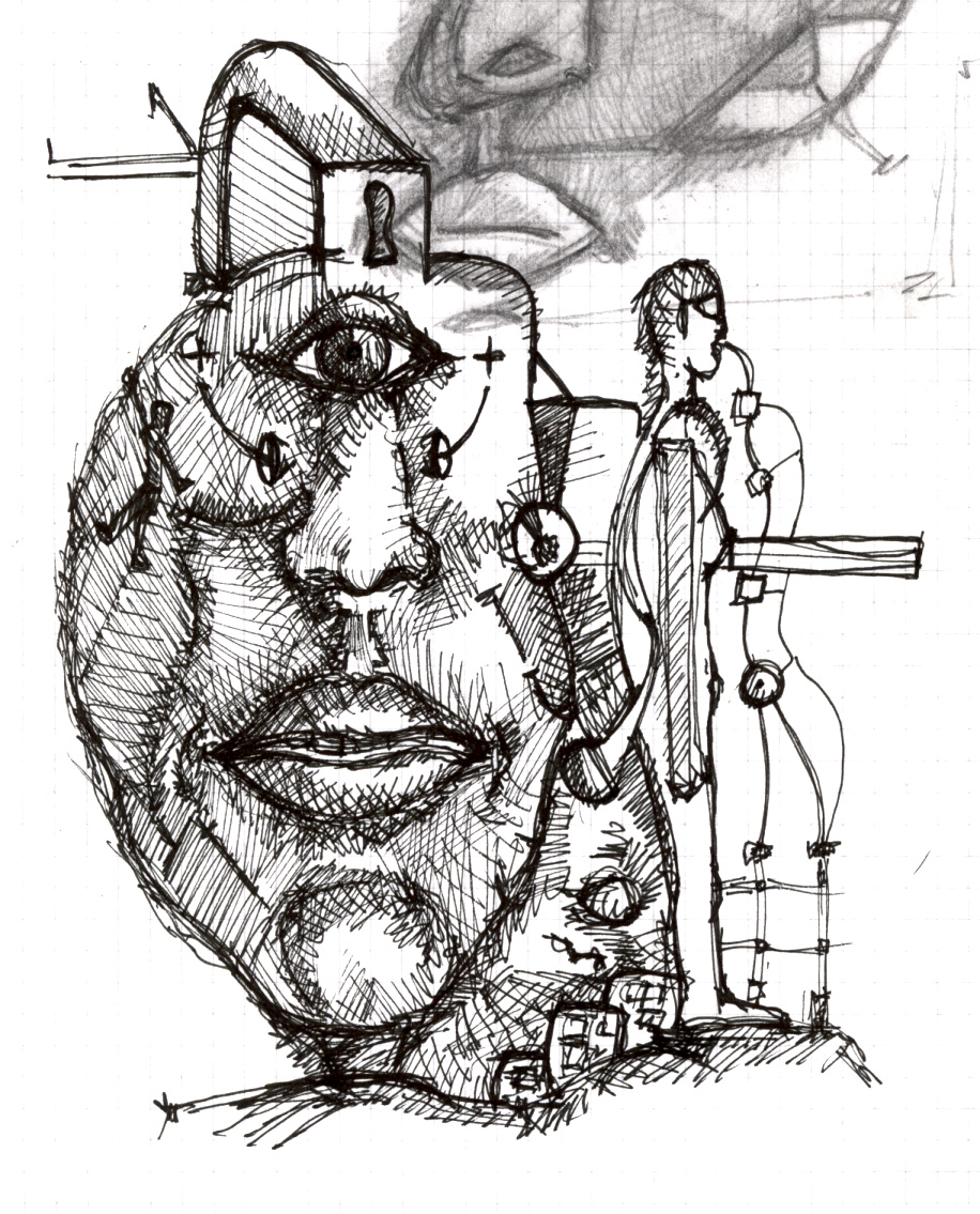 a drawing of a man's head with his face covered in paper