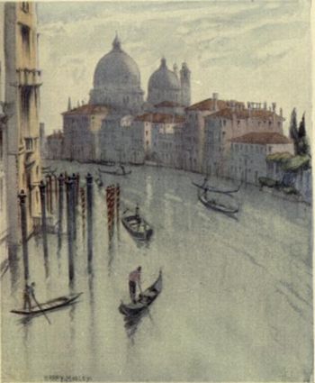 a water scene shows gondolas on the canal