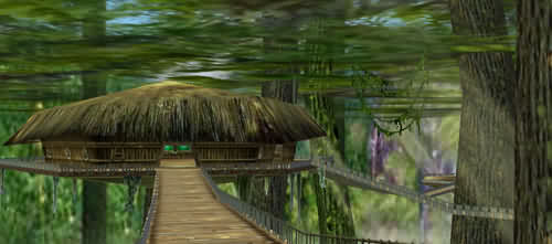 a digital rendering of a wooden pathway in the jungle