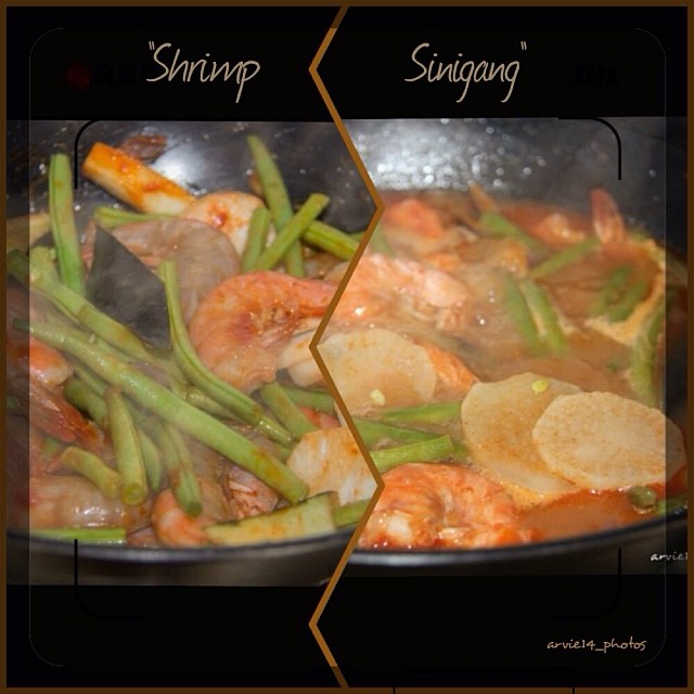 a pan with some vegetables cooking and another pan with shrimp in it