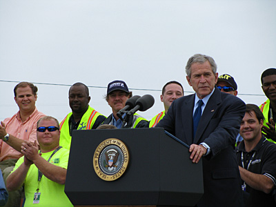 bush presidential speech with safety vests and reflective vests